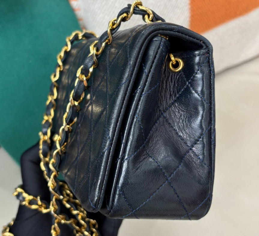 Chanel Lambskin Chain Shoulder Bag Crossbody Blue Gold Women Classic