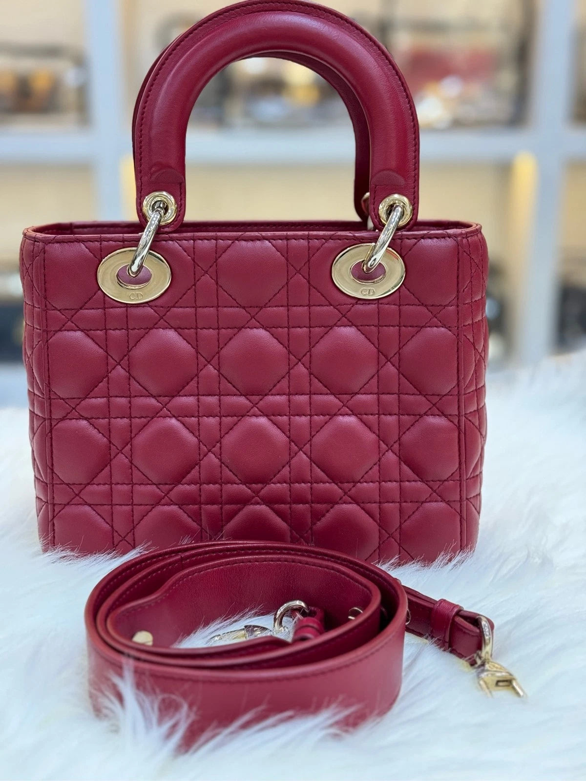 Dior Red Lambskin 4-Grid Lady Dior Shoulder Bag For Women
