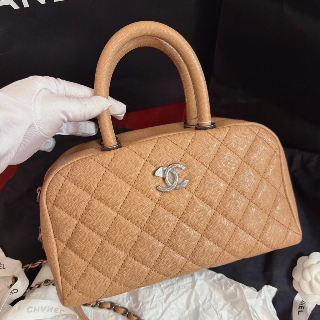 Chanel Calfskin Chain Top Handle Crossbody Beige Silver Women Classic Diamond