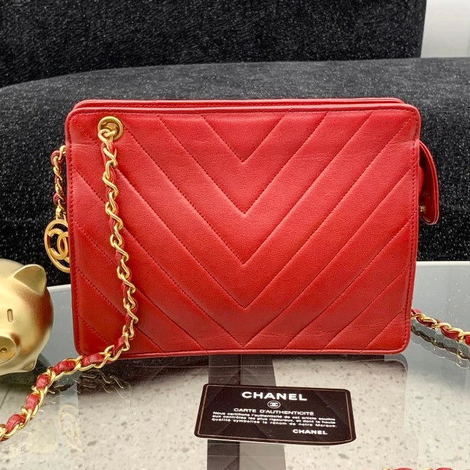 Chanel Chevron Calfskin Chain Shoulder Crossbody Bag Red Gold Women S