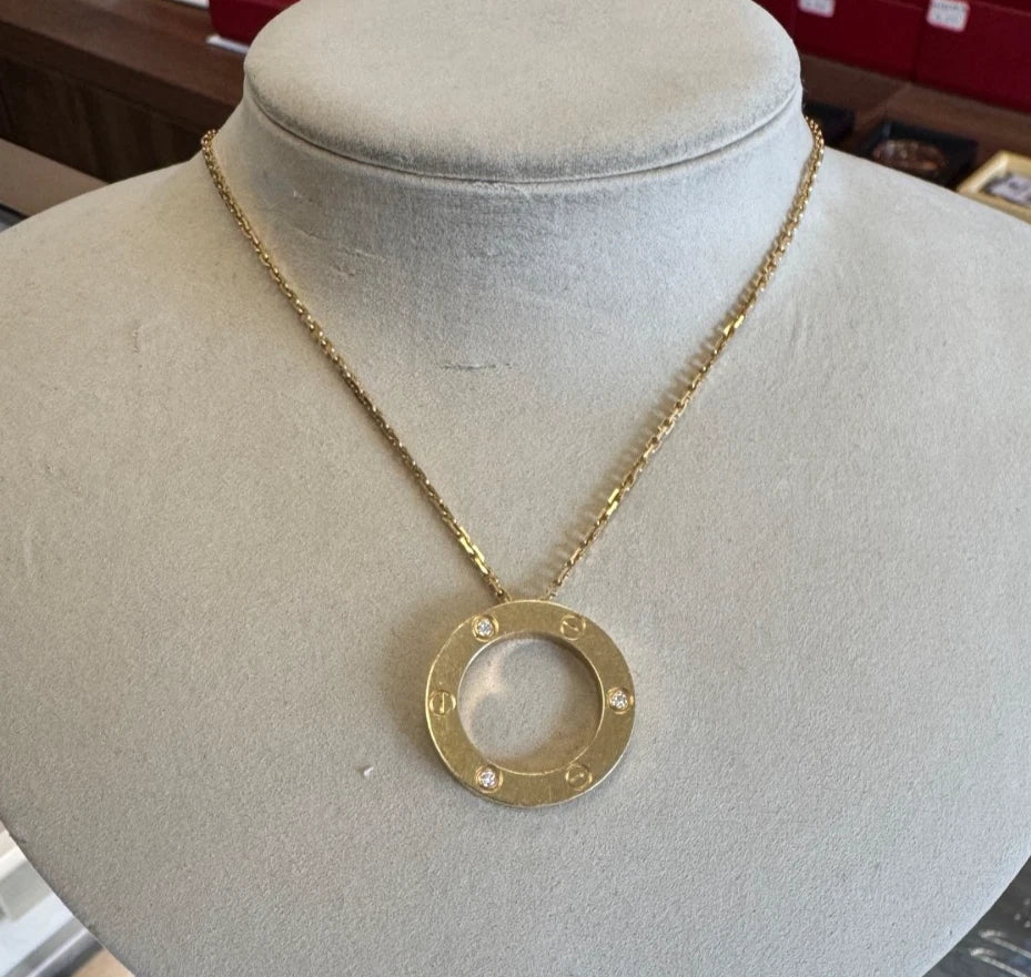 Cartier Love 18k Yellow Gold 3 Diamonds Round Pendant Necklace
