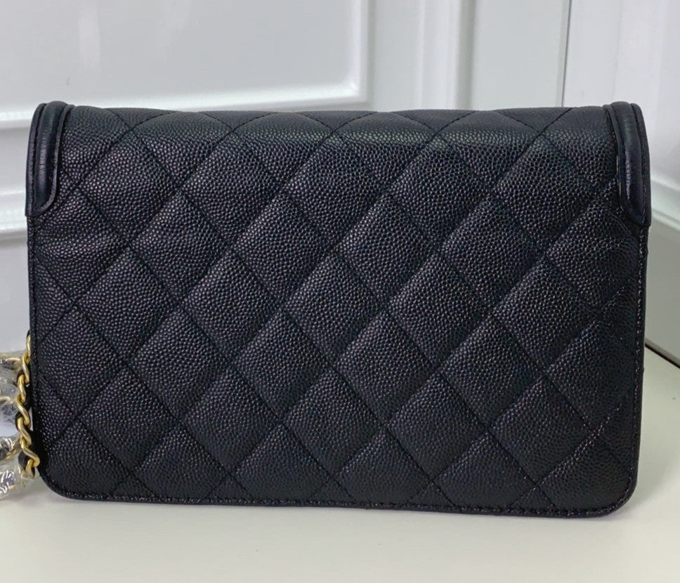 Chanel WOC Chain Calfskin Shoulder Bag Black Gold Women CC Logo Classic