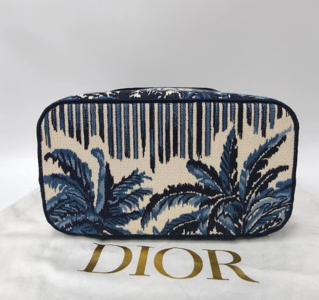 Christian Dior Travel Vanity Case Canvas Top Handle Bag Blue Silver Women