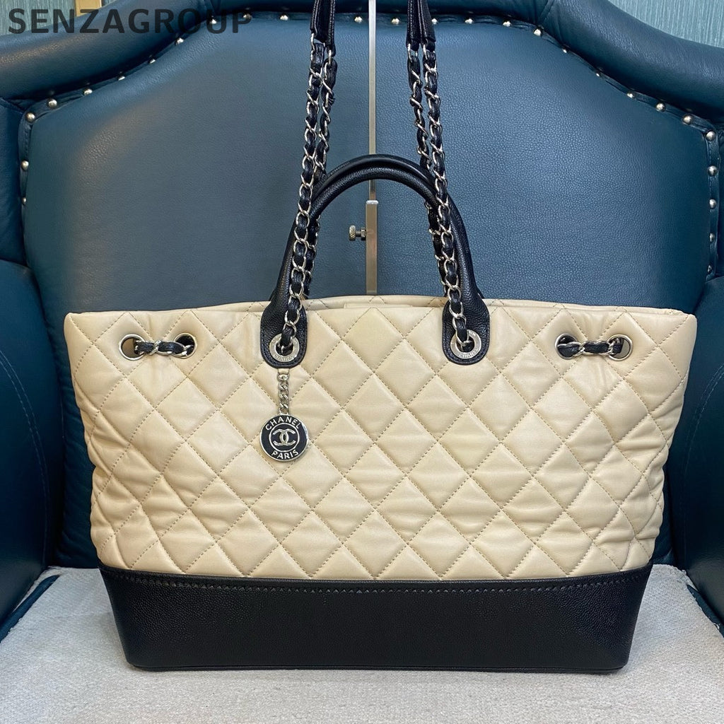 Chanel Quilted Tote Briefcase Chain Shoulder Bag Beige Black Women's