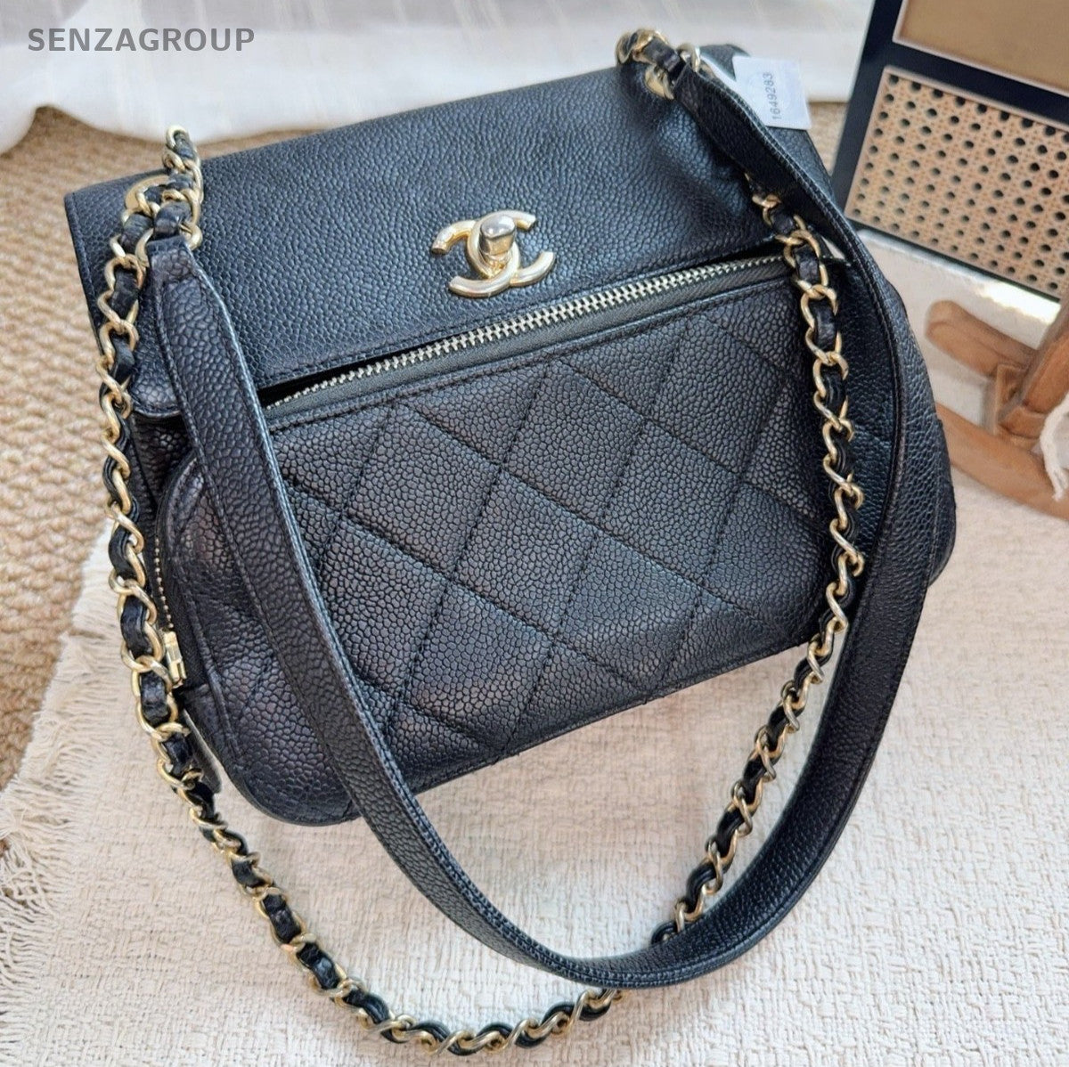 Chanel Calfskin PM Chain Shoulder Bag Black Gold Used Women Classic Diamond