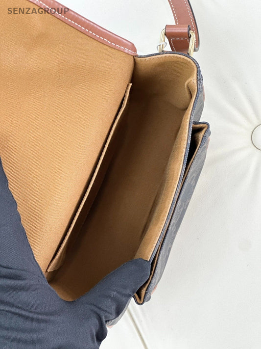 Celine Triomphe Canvas Calfskin Saddle Shoulder Bag Brown Almost Brand New