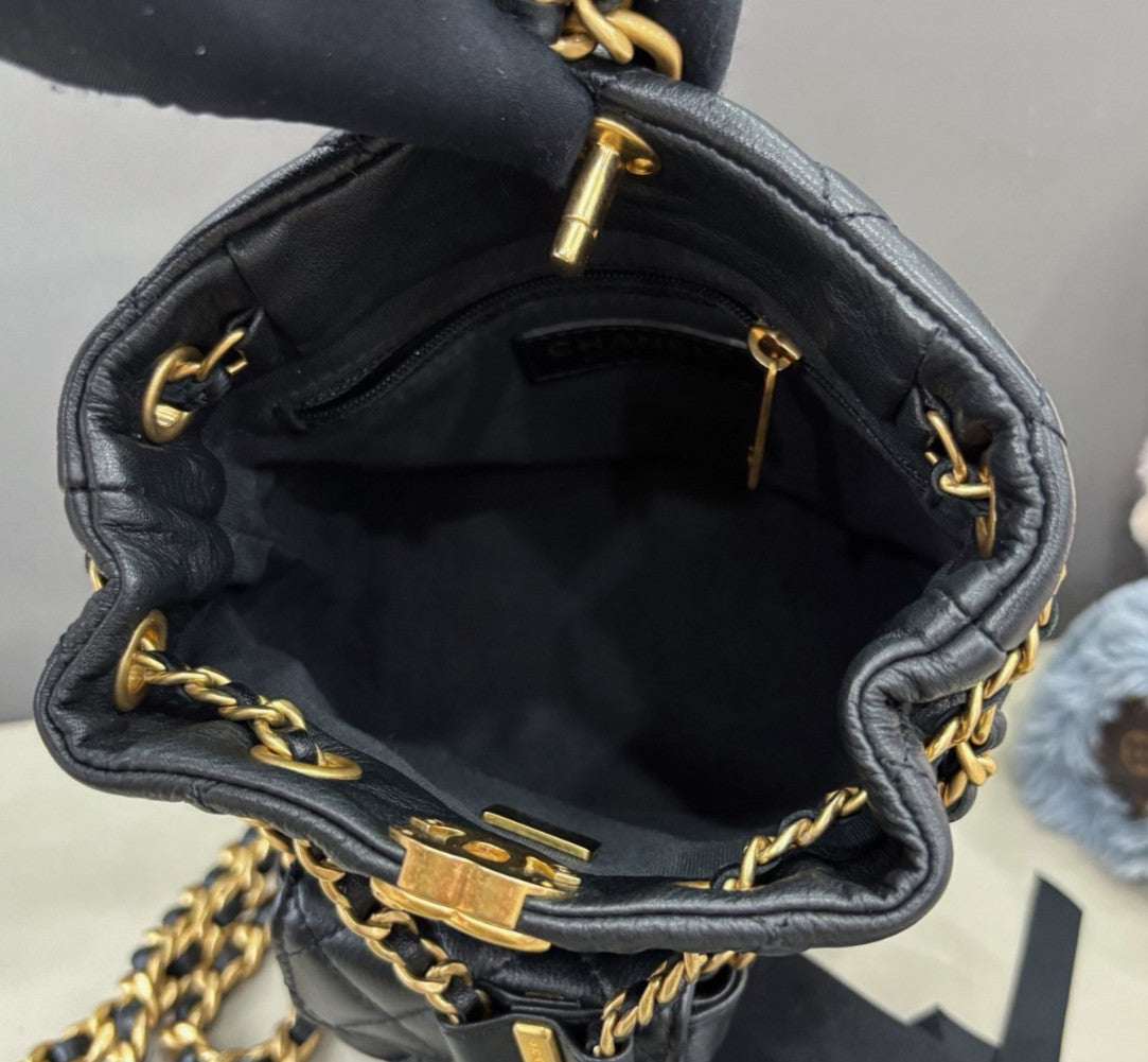 Chanel Calfskin Chain Backpack Black Gold Women Diamond Classic Fashion