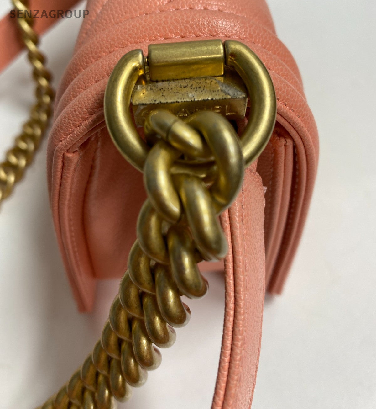 Chanel Leboy PM Chain Shoulder Bag Pink Gold Chevron Women Classic Fashion