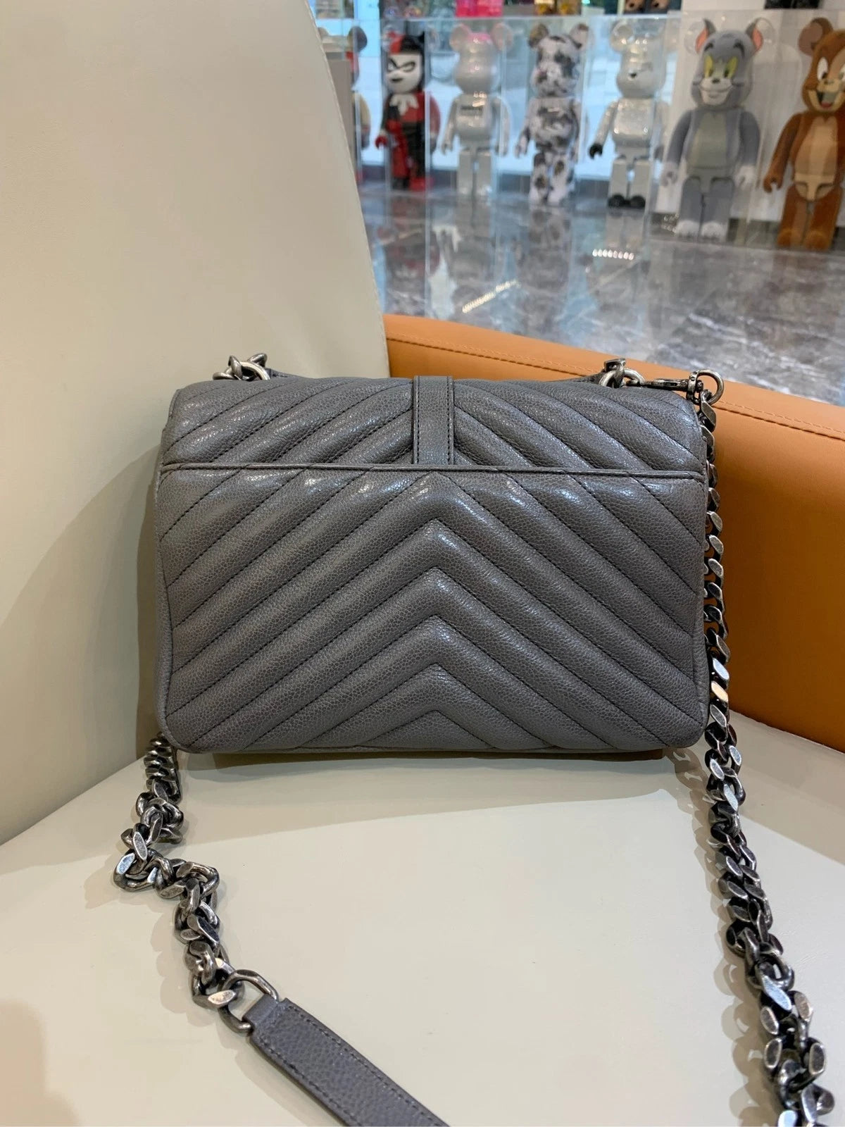 Saint Laurent Gray Leather Small Chain Messenger Bag For Women