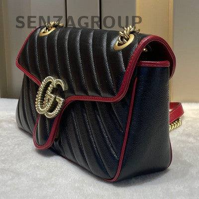 Gucci Marmont 26 Chain Shoulder Crossbody Bag Black Red Gold Hardware
