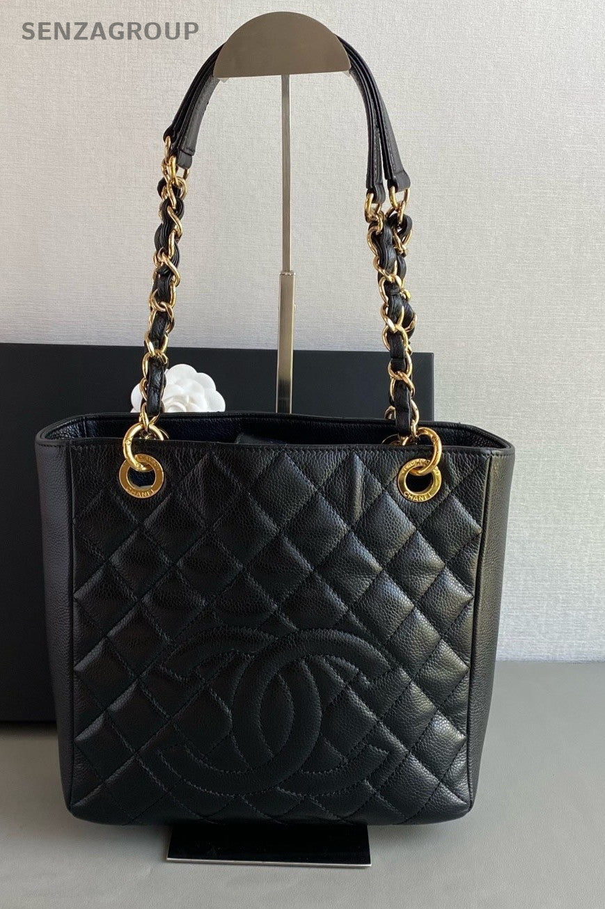 CHANEL PST Calfskin CC Chain Shoulder Handbag Women Black Gold