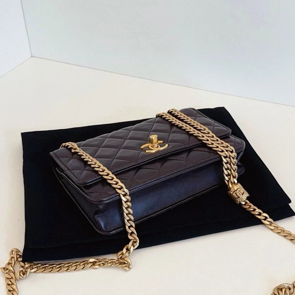 Chanel WOC Chain Shoulder Bag Crossbody Brown Gold Diamond Classic Women