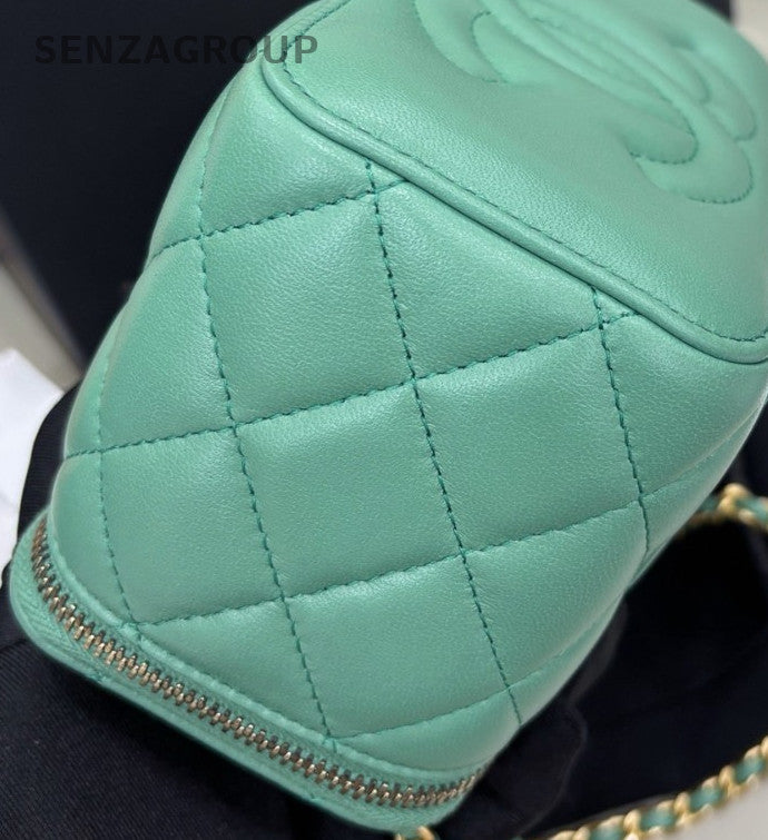 Chanel Chain Diamond Shoulder Bag Crossbody Green Gold Women Classic Zipping