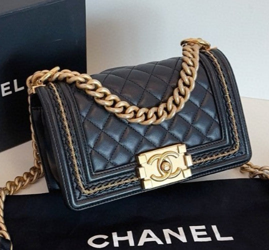 Chanel Leboy PM Chain Shoulder Bag Crossbody Black Gold Women Classic Fashion
