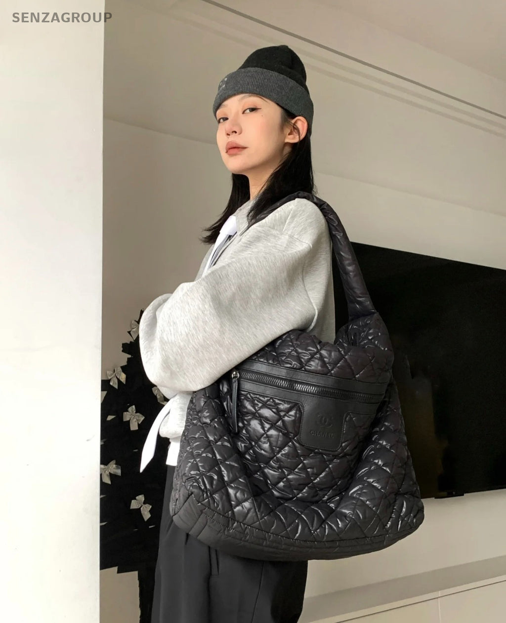 CHANEL SportLine Hobo Diamond pattern Shoulder bag Black