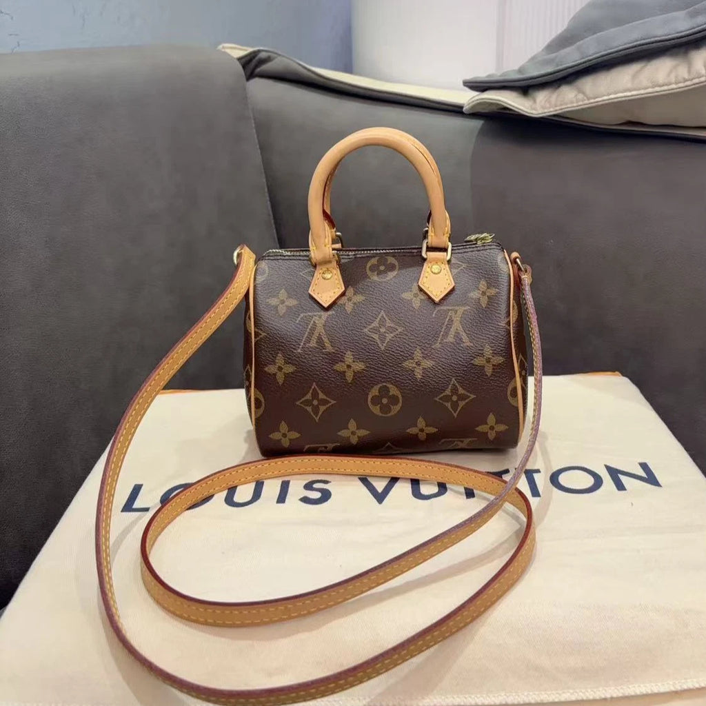 Authentic Louis Vuitton Speedy Nano Monogram Top Handle Crossbody Bag Brown