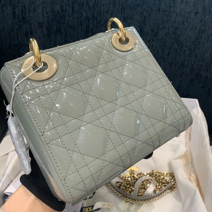 Christian Dior Lady Dior Patent Chain Crossbody Top Handle Bag Gray Gold Women D