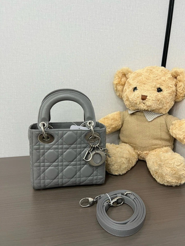 Dior Gray Leather Lady Dior Top Handle Shoulder Bag For Women