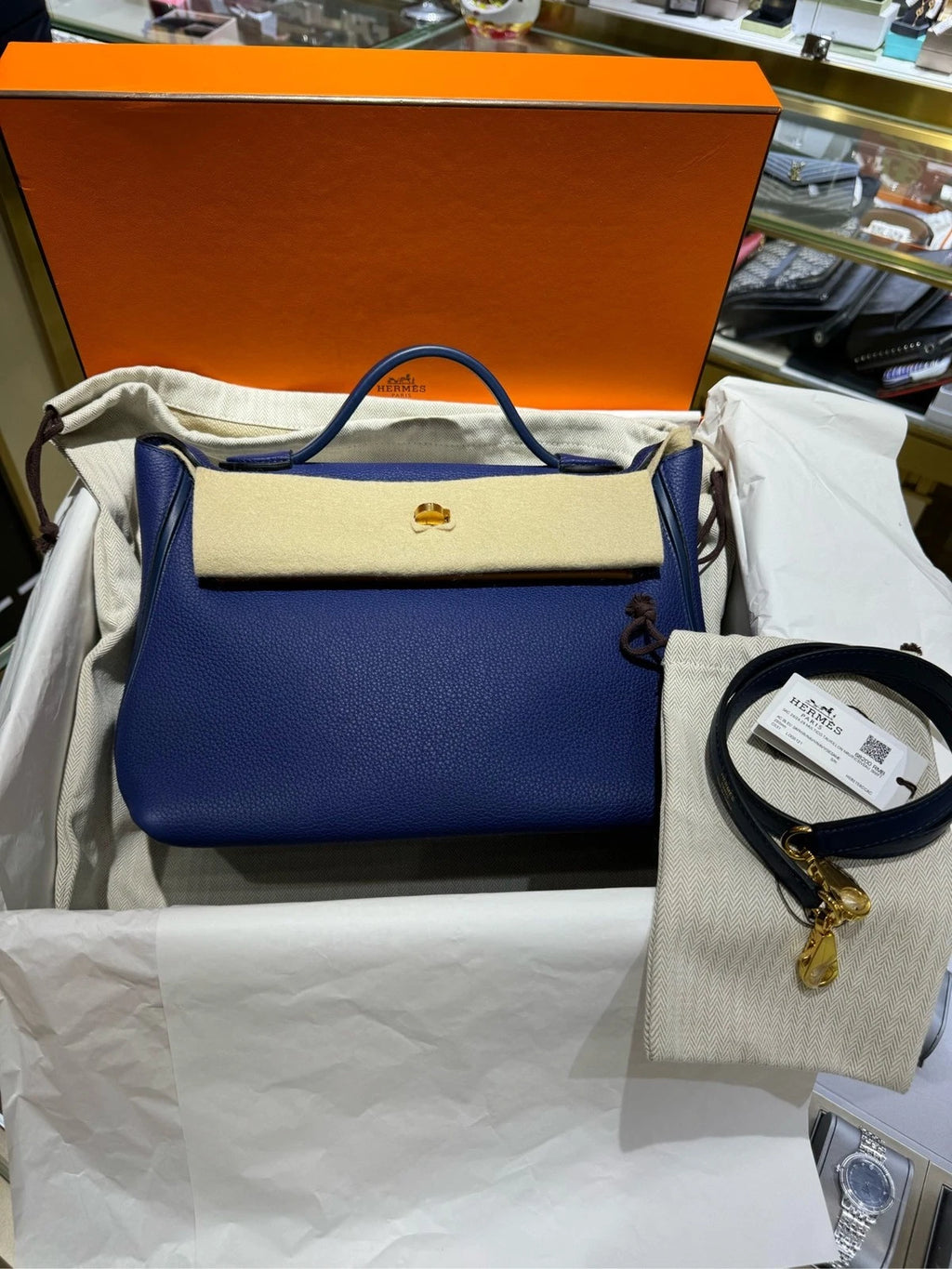 Hermes 2424 Small Blue Beige Leather Top Handle Bag For Women