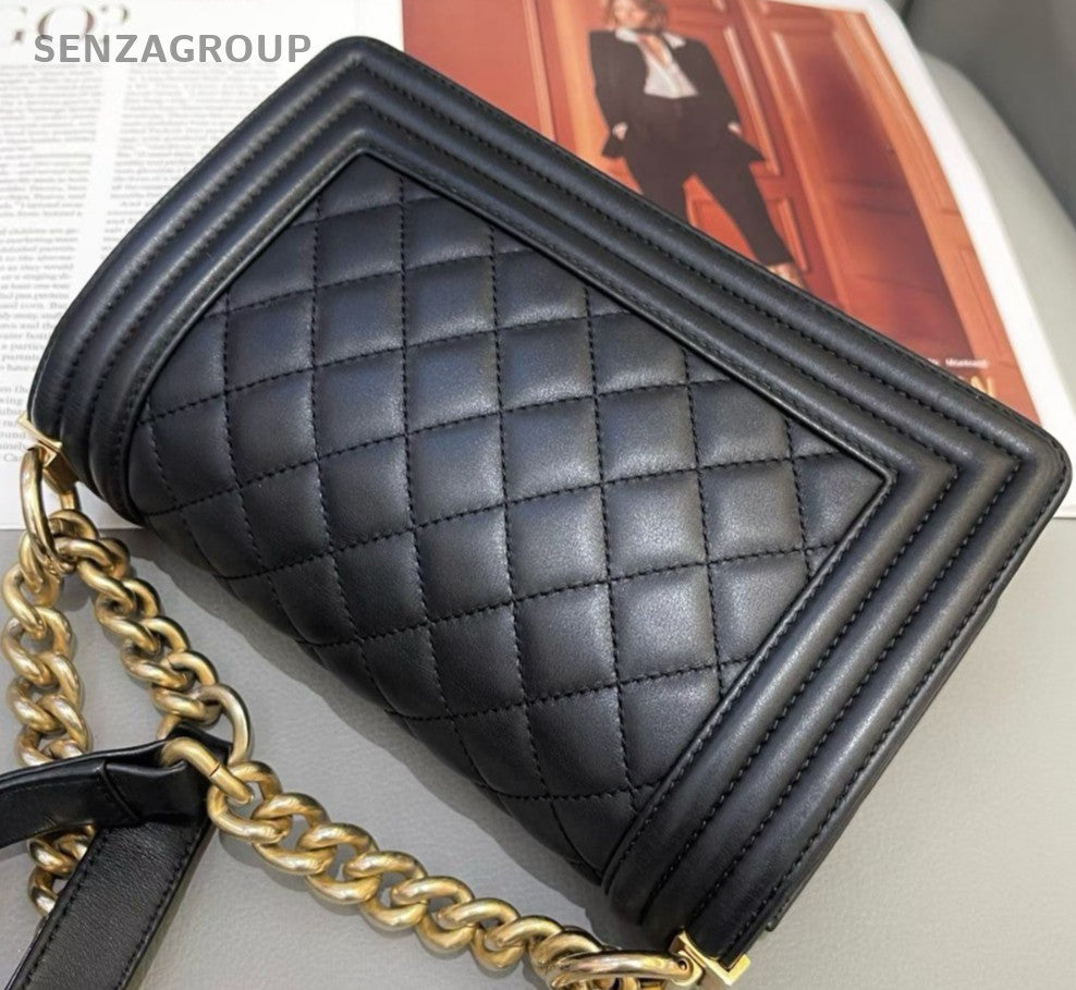 Chanel Leboy PM Calfskin Chain Shoulder Bag Crossbody Black Gold Women Classic