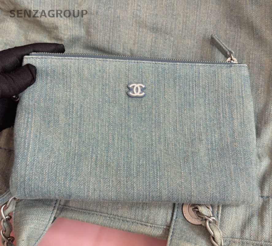 Chanel Denim Chain Beach Bag Shoulder Bag Blue Silver Women Classic Fashion
