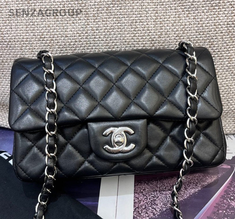 Chanel Classic Flap Mini Lambskin Chain Crossbody Shoulder Black Silver Women