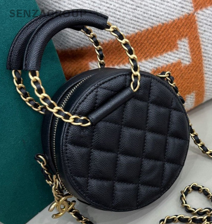 Chanel Calfskin Leather Round Chain Top Handle Bag Crossbody Black Gold Women