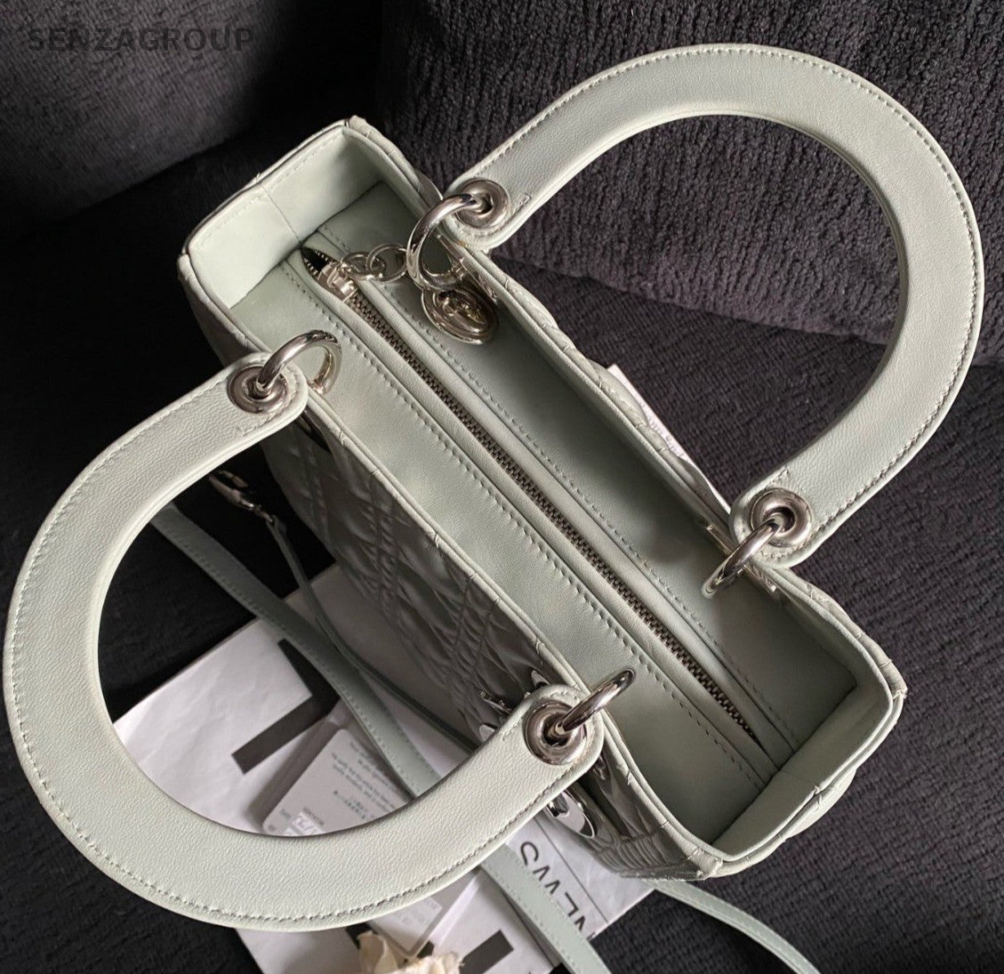 Christian Dior Lady Dior 2Way Top Handle Bag Crossbody Blue Silver Women Classic
