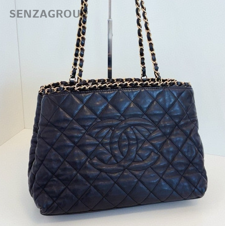 Chanel Diamond Chain Tote Shoulder Bag Black Gold Used Women Classic