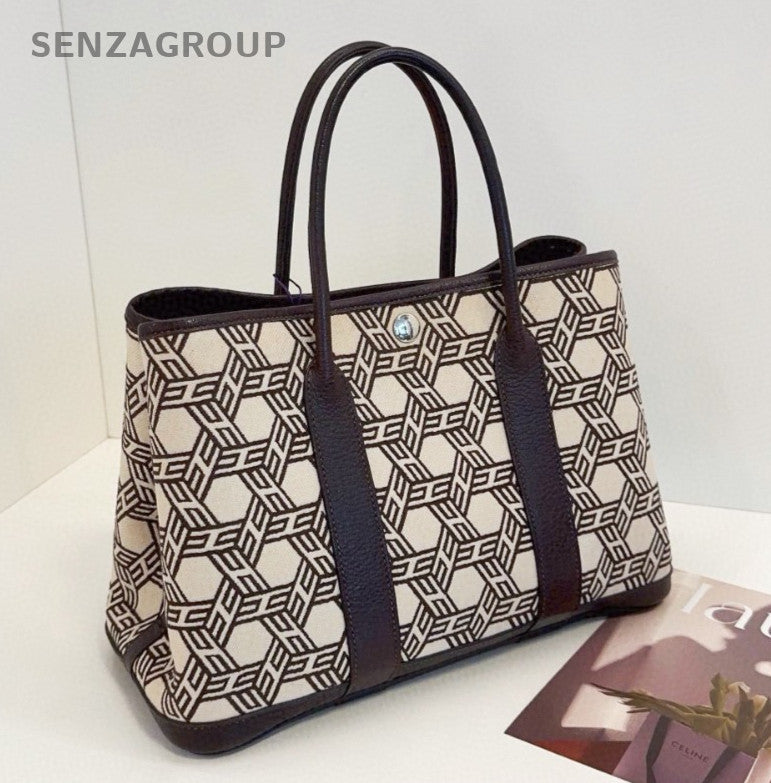 Hermes Garden Party Canvas Top Handle Bag Black White Silver Women Classic