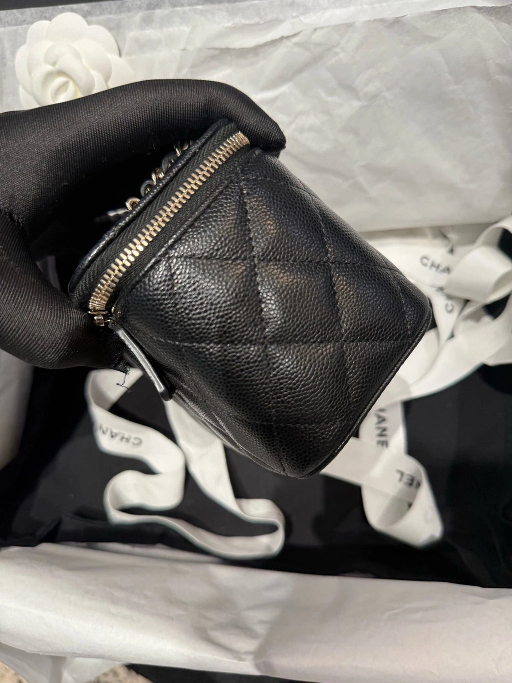 Chanel Vanity Leather Black Gold Shoulder Bag Excellent