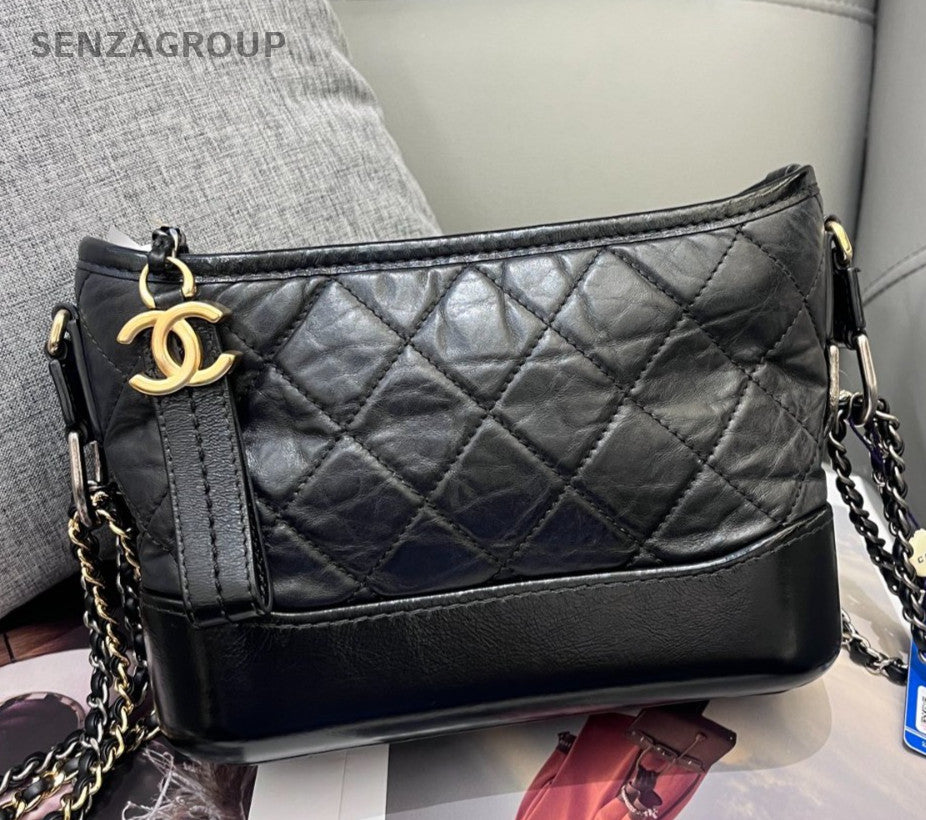 Chanel Gabrielle PM Chain Shoulder Bag Crossbody Black Gold Diamond Women