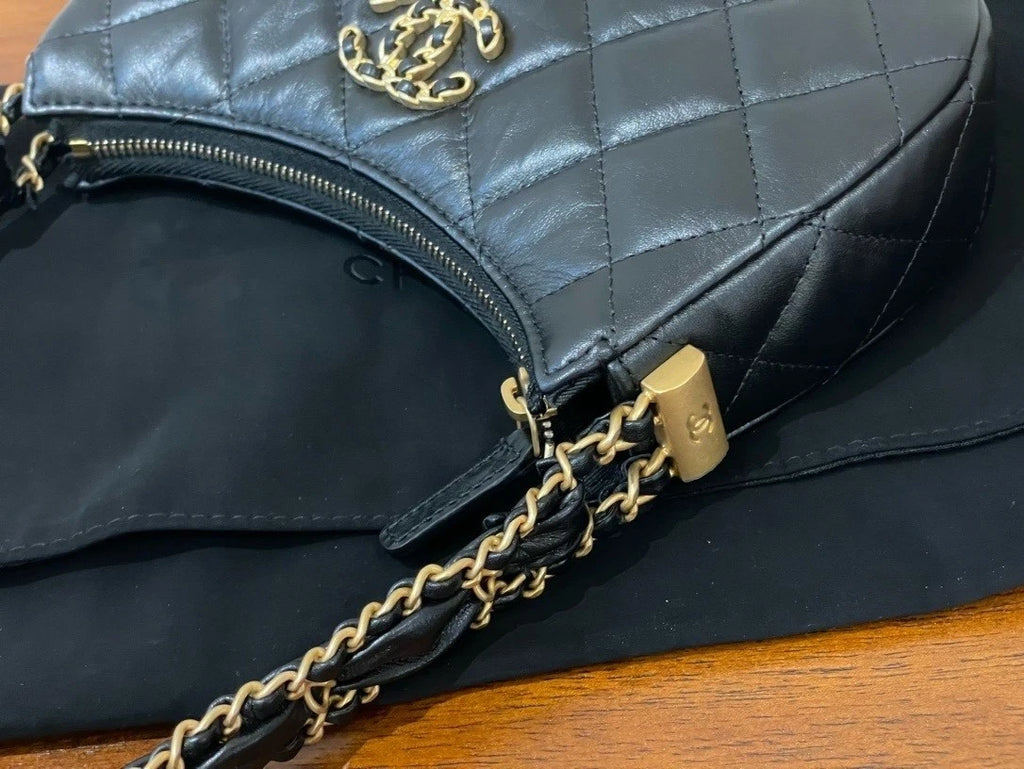 CHANEL Small Hobo Shoulder Bag Black Gold For Women