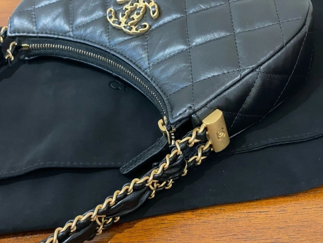 CHANEL Small Hobo Shoulder Bag Black Gold For Women
