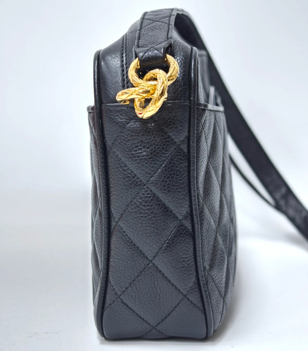 Chanel Diamond Tassel Camera Bag Shoulder Bag Crossbody Black Gold Women Vintage