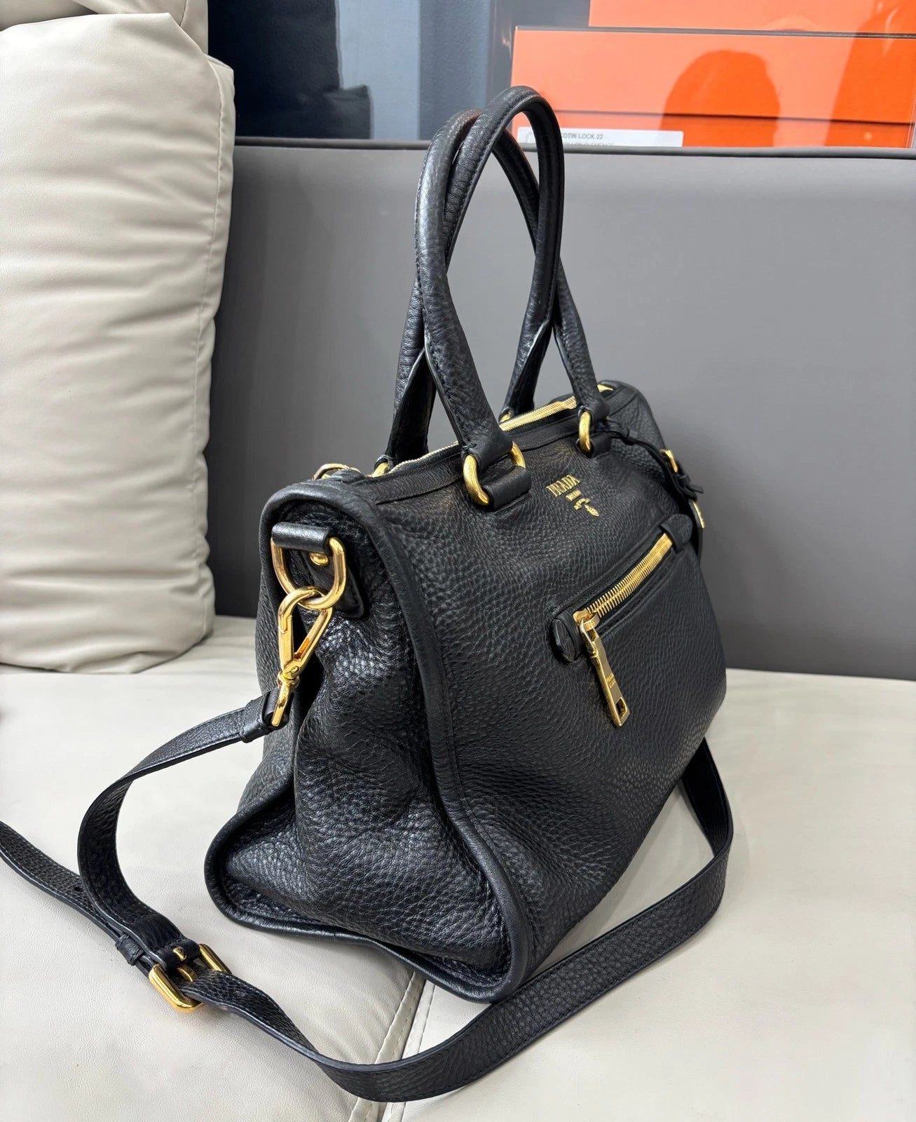 Prada Tote Black 2Ways Top Handle Shoulder Bag Gold Hardware Women Classic