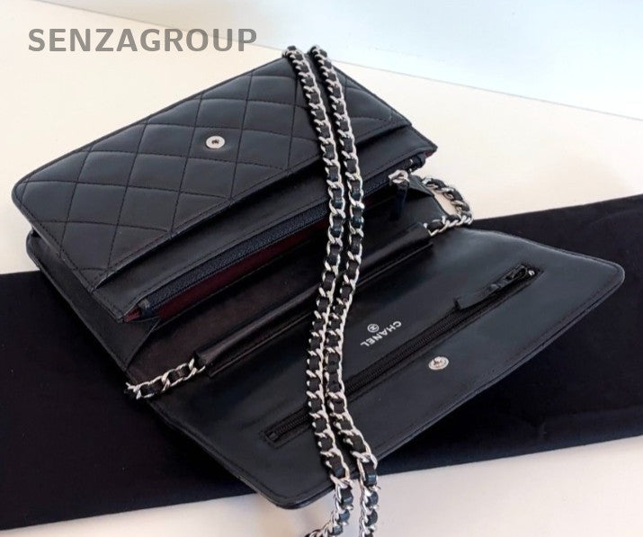 Chanel WOC Chain Lambskin Diamond Shoulder Bag Black Silver Used Women Classic