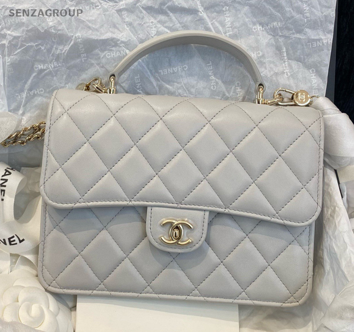 Chanel Diamond Lambskin Chain Crossbody Top Handle Bag Gray Gold Women Classic