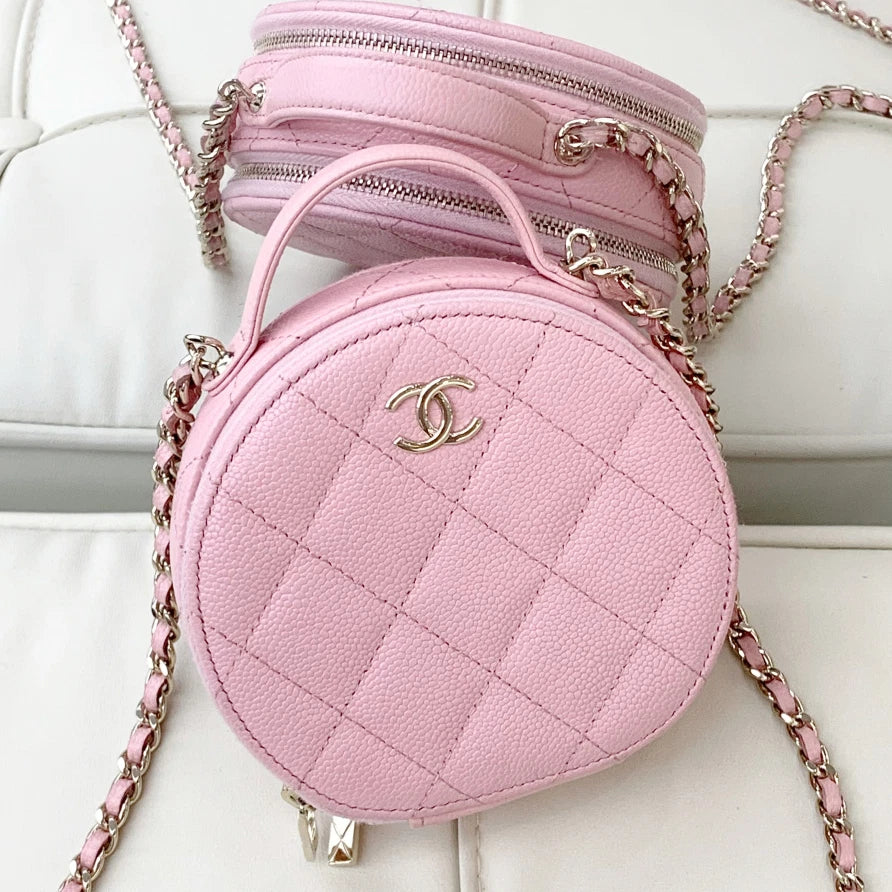 Chanel Calfskin Chain Top Handle Crossbody Bag Pink Gold Women Classic S