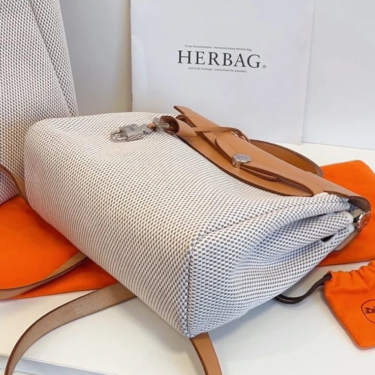 Hermes Herbag31 Backpack Canvas Ivory Brown Silver Hardware Women Classic