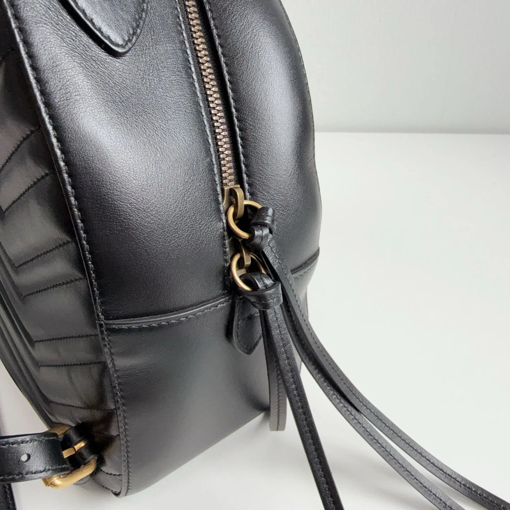 GUCCI Marmont Double G Black Gold Leather Backpack Handbag For Women