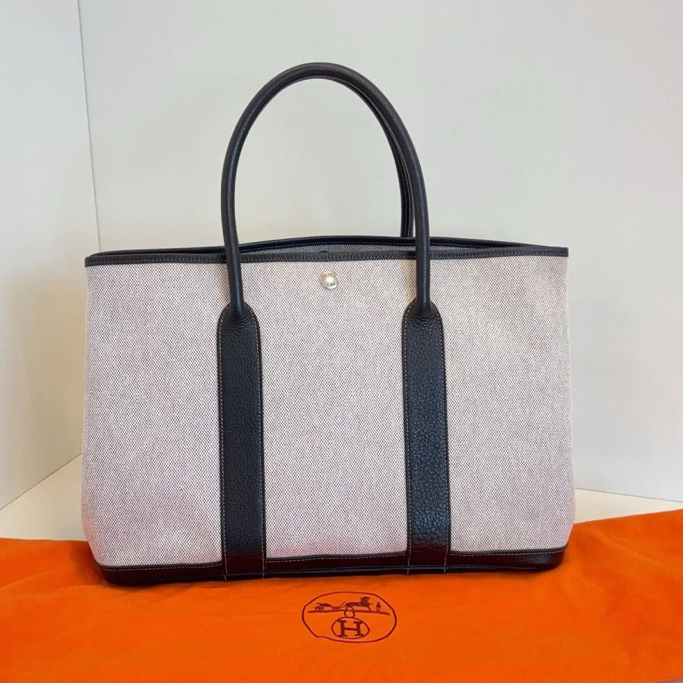 Hermes Garden Party 36 Tote Top Handle Bag White Black Women Classic