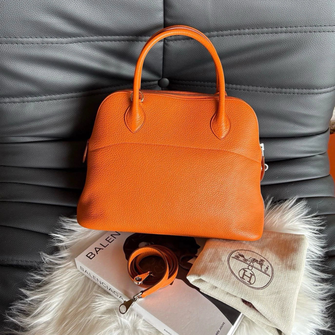 Hermes Bolide31 GM Top Handle Crossbody Orange Silver Women Classic