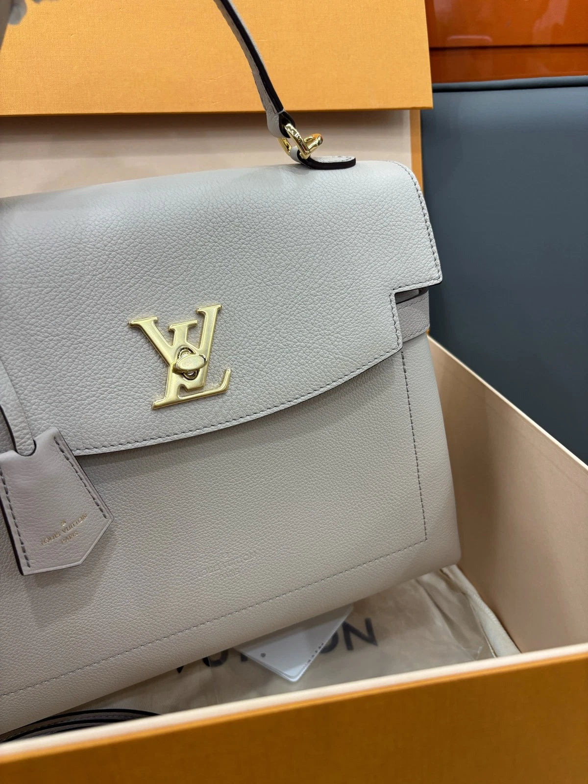Louis Vuitton Lock Me Ever Medium Top Handle Bag Grey Gold Women Classic