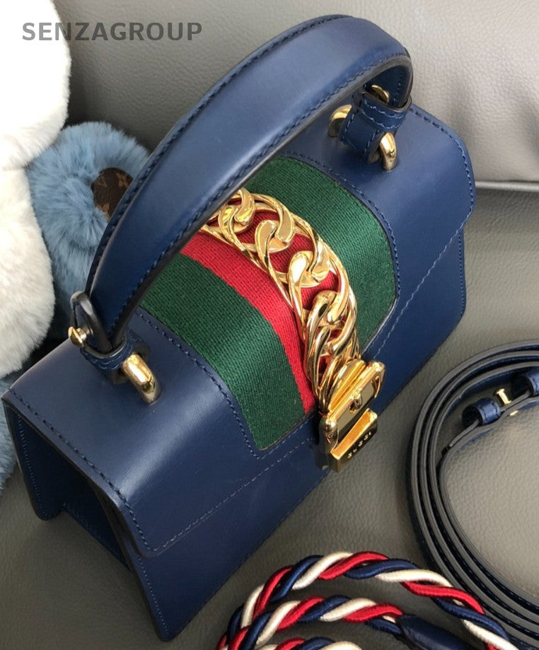 GUCCI Sylvie PM Top Handle 2way Shoulder Handbag Women Crossbody Blue and gold