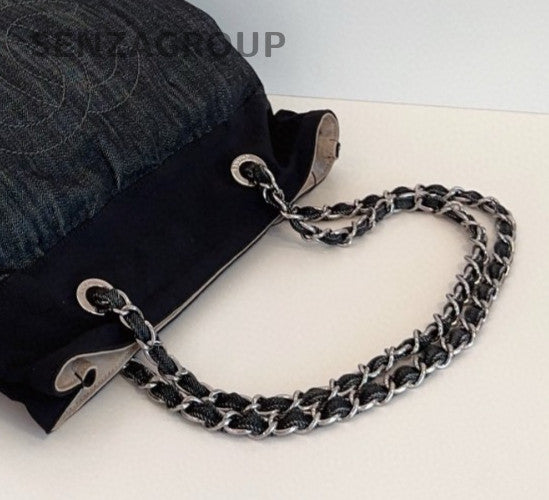 Chanel Denim Tote Chain Shoulder Bag Black Silver Used Women Classic