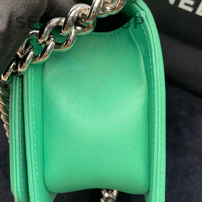 Chanel Small Le Boy Chevron Green Silver Chain Shoulder Bag Women Classic