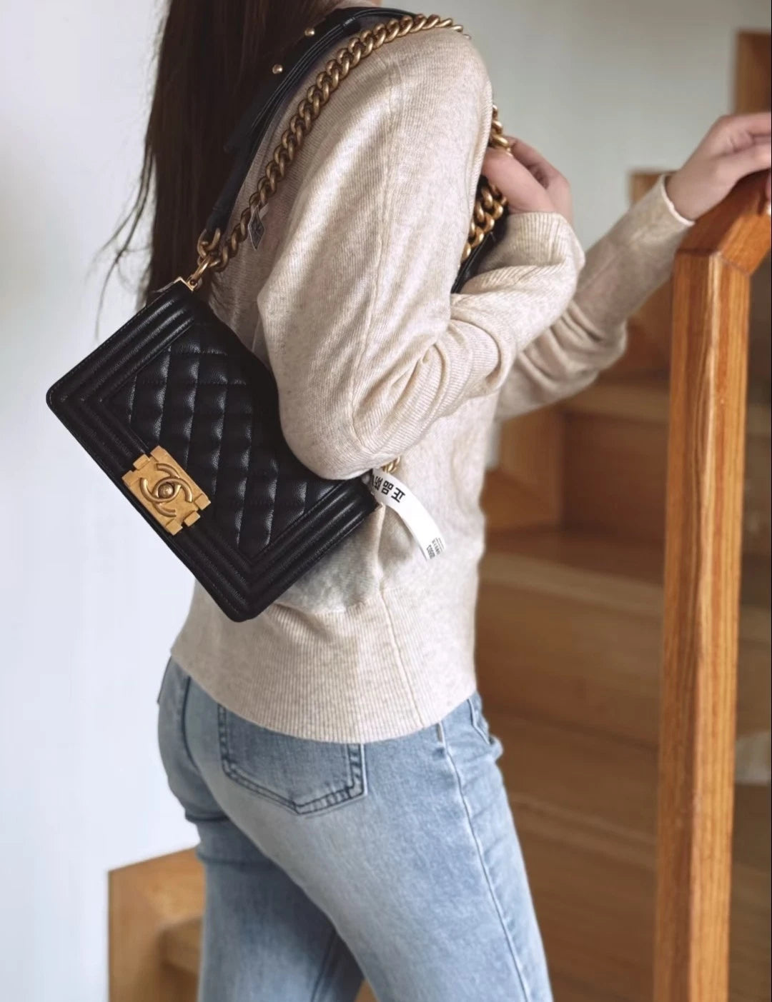Chanel Leboy PM Calfskin Chain Shoulder Crossbody Black Gold Women Classic