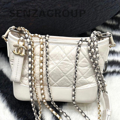Chanel Small Gabrielle Hobo Bag White Gold Quilted Chain Shoulder Crossbody