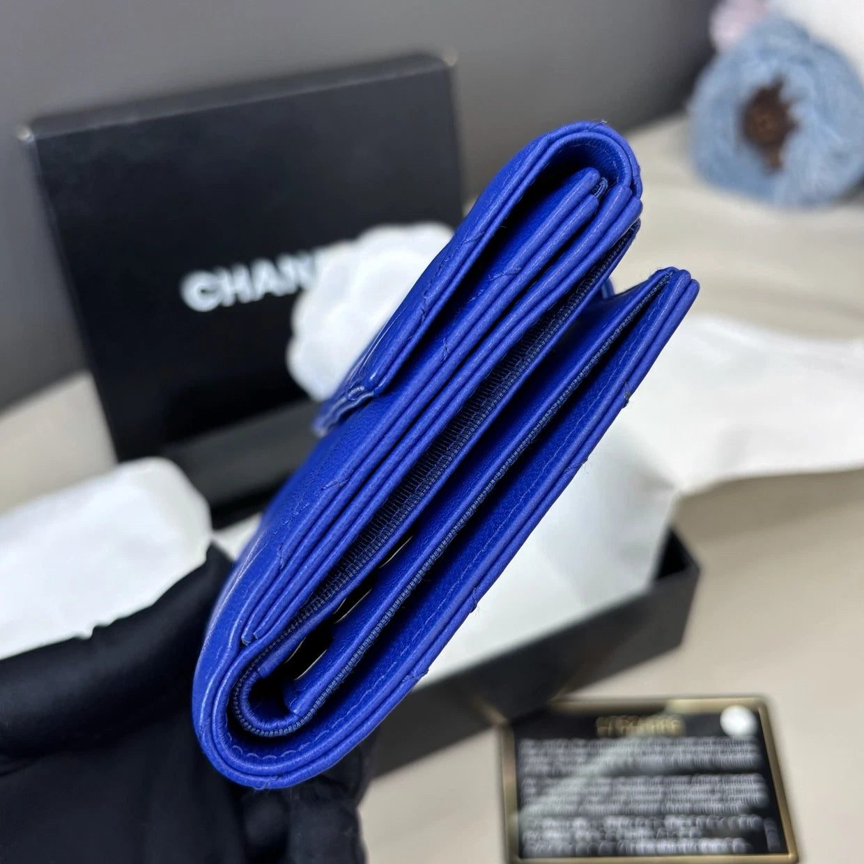 Chanel Lambskin Diamond Wallet Blue Silver Women Classic